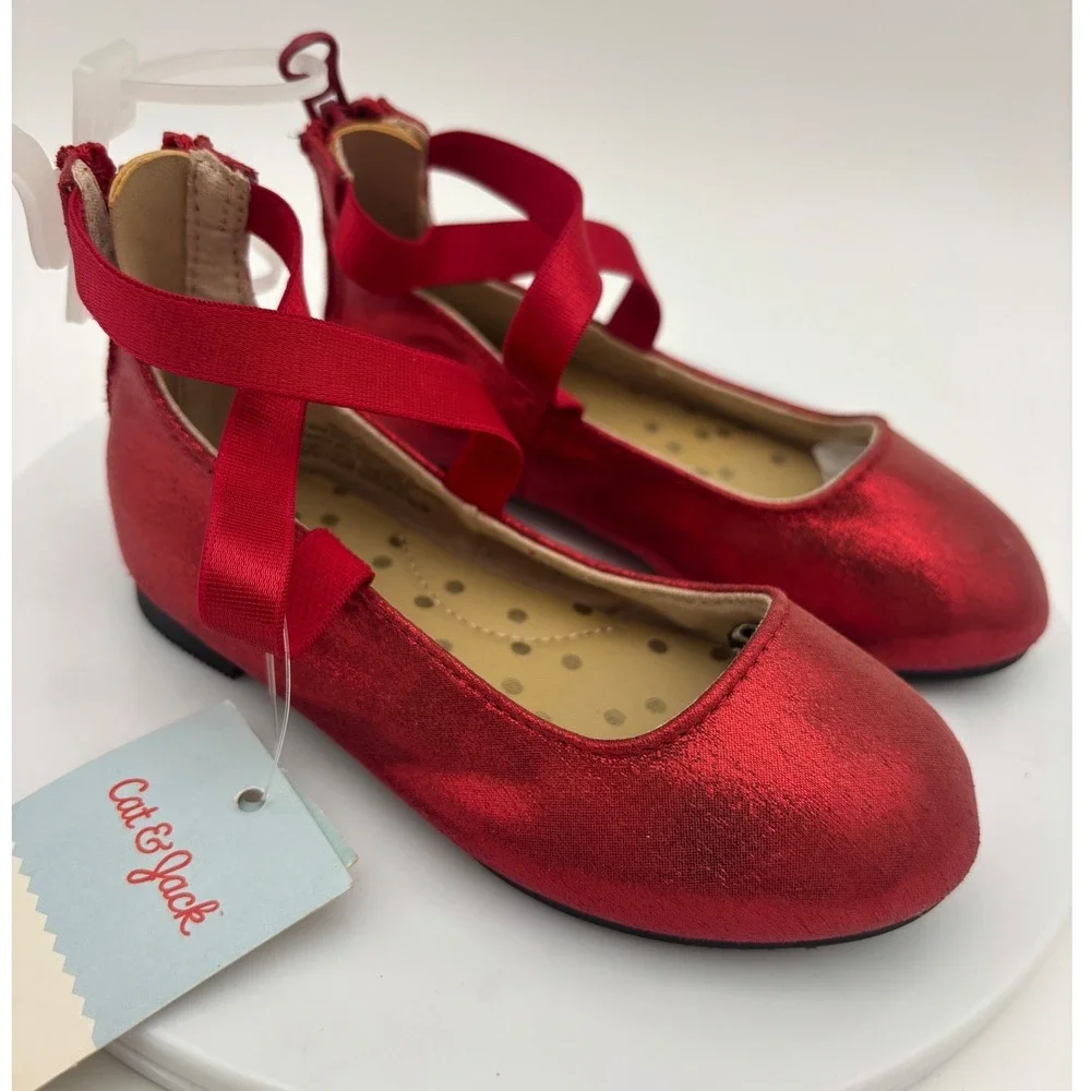 CAT & JACK Girls Red Ballet Shoe Flat Slipper Dress Metallic Girls 7 Mary Jane